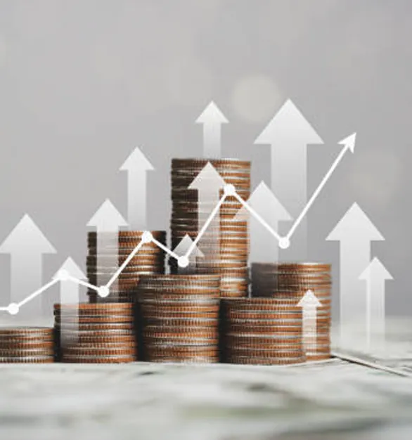 Financial growth concept with coins and ascending arrows